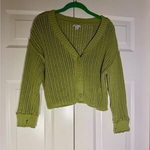 American Eagle Outfitters  Green Open-Knit V-Neck Button Cardigan